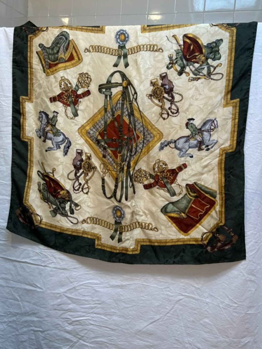 Italian vintage 100% silk green horse equestrian baroque scarf